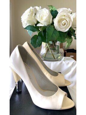 Chanel Ivory Patent Leather Peep Toe Heels With Silver Logo on heels Size 36.5 E